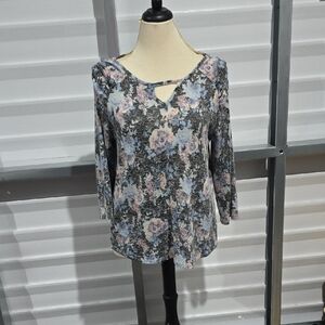 Absolutely Famous Black and Blue Floral Blouse Size Large